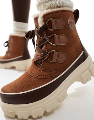 Sorel Torino V WP waterproof fleece lined faux fur leather snow boots in velvet tan and tobacco