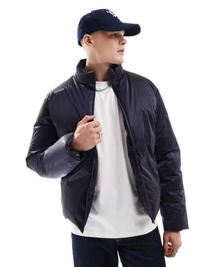 ASOS DESIGN översized högblank pufferjacka i marinblått