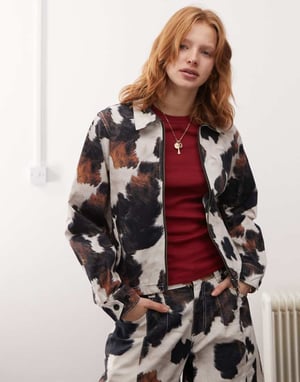 Återvunnen vintage-ko mönstrad zip-up jacka set