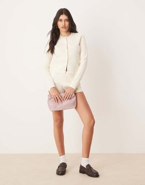 ASOS DESIGN knitted clean compact button through crew neck cardigan co-ord in buttermilk