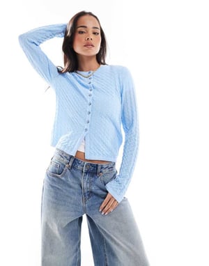 ASOS DESIGN textured knitted stitch detail crew neck cardigan in blue