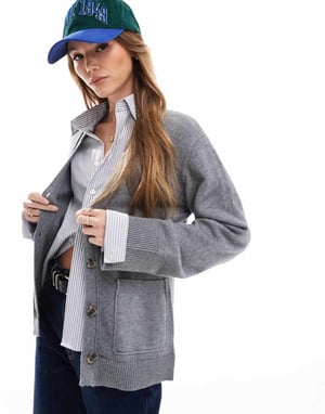 Cotton On lux v neck pocket cardigan in charcoal marle