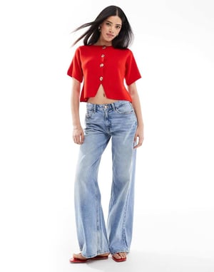 ASOS DESIGN compact knit short sleeve cardigan in red