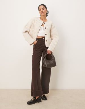 ASOS DESIGN linen crop collarless quilted jacket in oatmeal