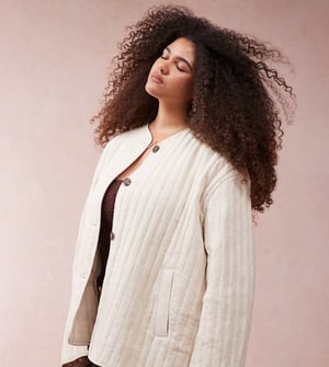 ASOS DESIGN Curve linen dolphin hem collarless quilted jacket in oatmeal
