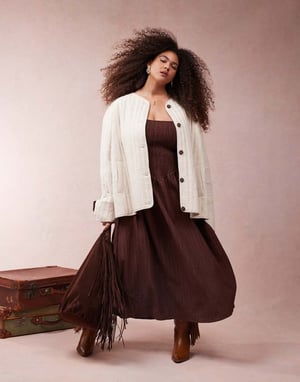 ASOS DESIGN Curve linen dolphin hem collarless quilted jacket in oatmeal