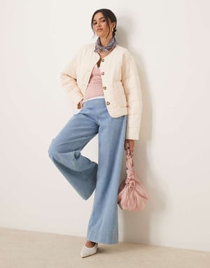 ASOS DESIGN crop collarless quilted jacket in cream