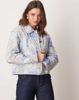 YAS quilted jacket in blue vintage pattern