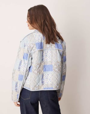 YAS quilted jacket in blue vintage pattern