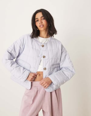 ASOS DESIGN crop collarless quilted jacket in pale blue