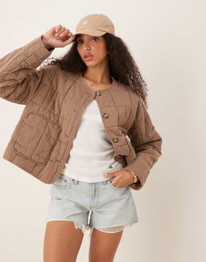 ASOS DESIGN crop collarless quilted jacket in mushroom