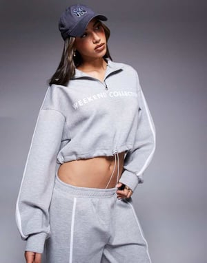 Weekend Collective scuba-style fabric half zip sweatshirt co-ord with stripe detail in grey marl