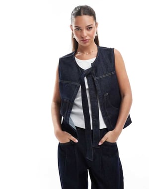 ASOS DESIGN denim tie front gilet in indigo