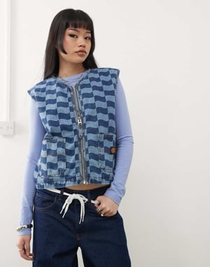 Santa Cruz logo zip through denim gilet in tonal blue checkerboard