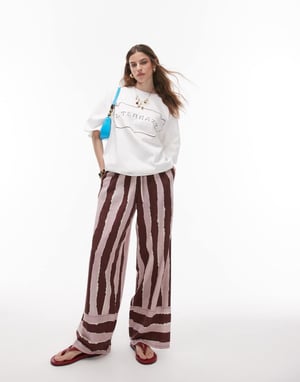 Topshop linen brush stroke stripe deep cuff straight leg trouser in burgundy