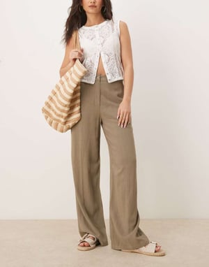 ASOS DESIGN relaxed straight leg trousers with linen in khaki