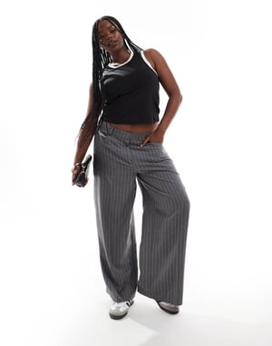 ASOS DESIGN Curve relaxed straight leg trousers with 5 pocket detail in grey stripe