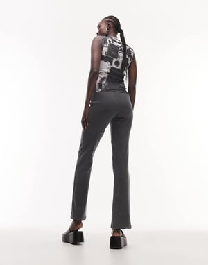 Topshop Tall acid wash rib straight leg trouser in charcoal