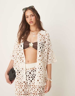 ASOS DESIGN knitted crochet shirt co-ord in cream
