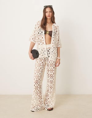 ASOS DESIGN knitted crochet shirt co-ord in cream