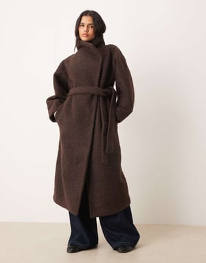 Gina Tricot belted wrap midi coat with funnel neck in brown