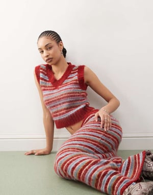 COLLUSION fluffy v neck knitted tank in burgundy