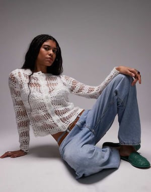 Topshop knitted pointelle button cardi in ivory