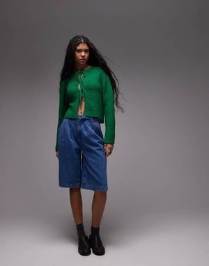 Topshop knitted pointelle tie cardi in green