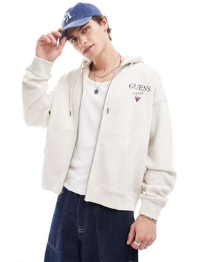 Guess Originals unisex hoodie med dragkedja och staplat logotyp i heather grey