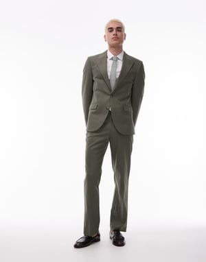 Topman straight linen blend suit trouser in khaki