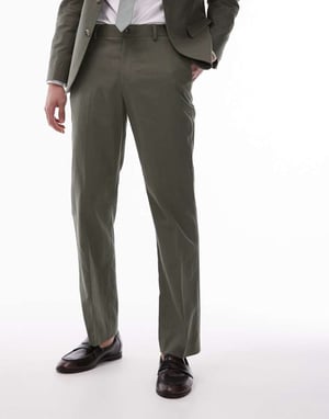 Topman straight linen blend suit trouser in khaki