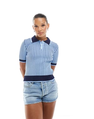 ASOS DESIGN plated knitted polo top in blue stripe