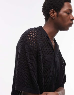 Topman open knit pattern polo in black