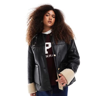 ASOS DESIGN Curve collarless borg bonded jacket in black