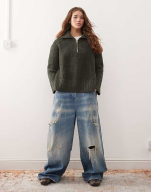 Weekday Cillia halvmeter zip-tröja i mörkgrön melange
