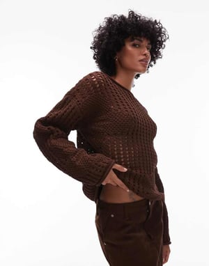 Topshop knitted crochet jumper with floral detail in brown