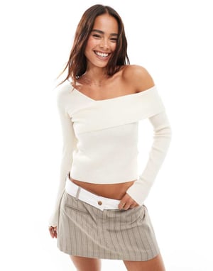 Miss Selfridge asym knit rib long sleeve top in cream