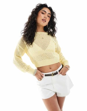 Miss Selfridge slash neck crochet long sleeve top in lemon