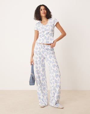 ASOS DESIGN waffle co-ord trouser in blue floral print
