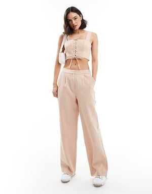 Miss Selfridge skräddarsydd byxa med vida ben och elastisk midja i rosa randigt matchande set