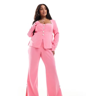 ASOS LUXE Curve koord slim fit skräddarsydd byxa med dekorerad knapport i rosa