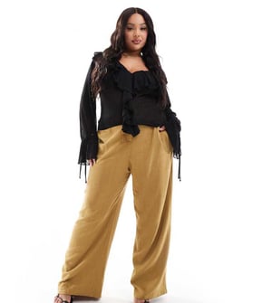 ASOS DESIGN Curve skräddarsydda högmidjade byxor med sömdetaljer och vida ben i linne i olivgrön