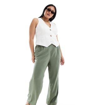 ASOS DESIGN Curve skräddarsydda högmidjade byxor med sömdetaljer och vida ben i linne i khaki