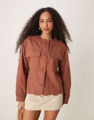 ASOS DESIGN collarless twill broderie jacket in rust