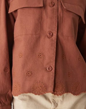 ASOS DESIGN collarless twill broderie jacket in rust