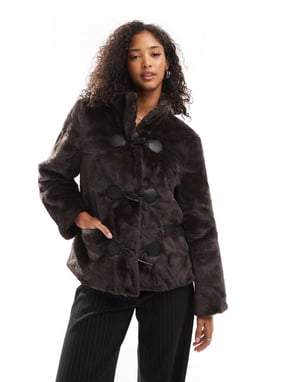 Vero Moda faux fur jacket with toggle fastening in chocolate brown