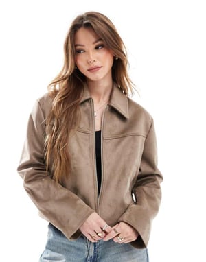 ASOS DESIGN faux suede top collar jacket in stone