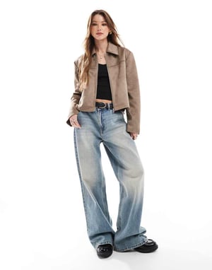 ASOS DESIGN faux suede top collar jacket in stone