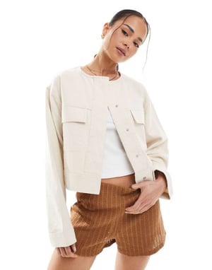 ASOS DESIGN twill collarless jacket in oatmeal
