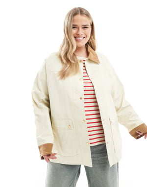 ASOS DESIGN Curve cord top collar waxed jacket in stone